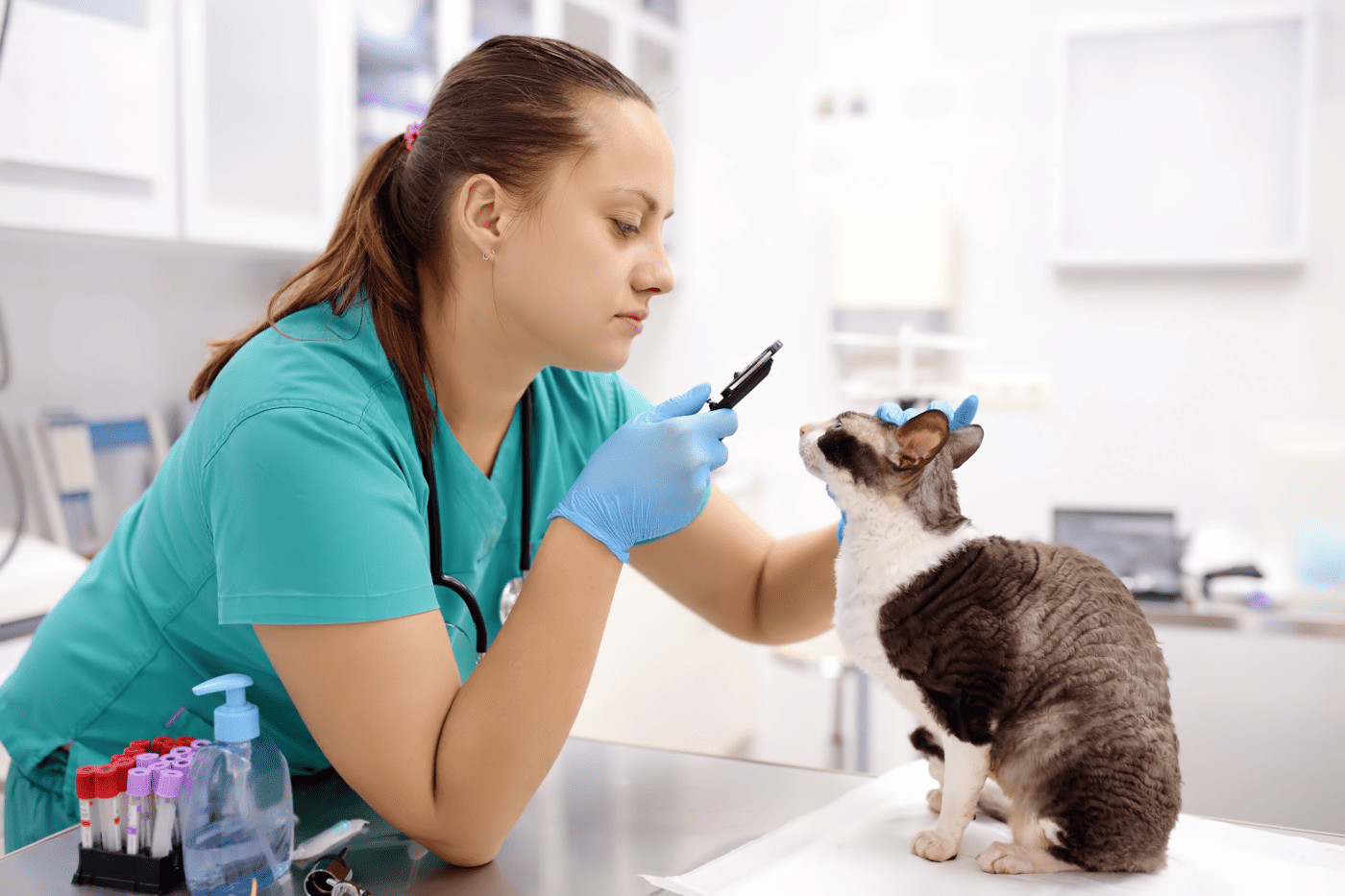 Veterinary doctor checks eyesight of a cat of the breed Cornish Rex in a veterinary clinic