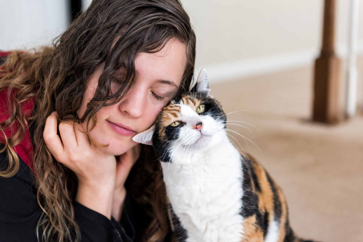 A woman placing her head next to a cat and the cat is rubbing on her face