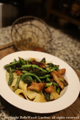 Foraging_2020-04_pork with fiddleheads, asparagus over wide noodles.jpg